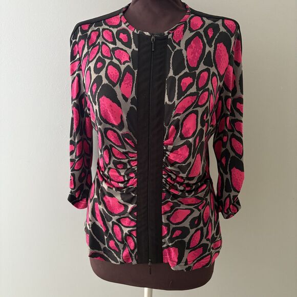 Joseph Ribkoff Top Womens 12 Pink Black Animal Print Zip Front Stretch Mobwife - Picture 1 of 16
